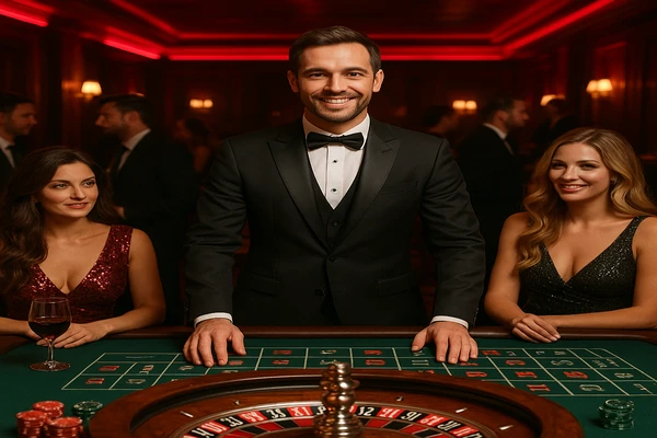 একজন পুরুষ অনলাইন গেমে জয়ের আনন্দ উদযাপন করছেন, চারপাশে গেমিং প্রতীকগুলো ভাসছে