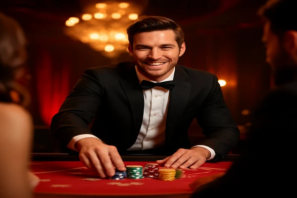 আলোকিত গেমিং পরিবেশে একটি আত্মবিশ্বাসী ডিলার bd111cure অ্যাকাউন্টে নিরাপদ প্রবেশের জন্য খেলোয়াড়দের আহ্বান জানাচ্ছেন।